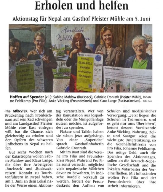 Am 5. Juni in Münster Aktionstag für Nepal an der Pleister Mühle